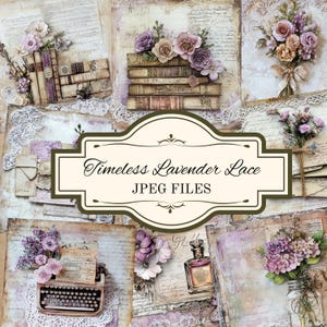 Bellissimo pacco di carta digitale senza tempo con pizzo alla lavanda, kit di carta per scrapbooking, diario spazzatura shabby chic, lavanda, lilla, viola, motivo pizzo