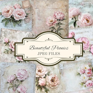 Lot de papier numérique pivoines romantiques et belles, kit de papier de scrapbooking, articles imprimables de journal indésirable shabby chic pour travaux manuels et journalisation, beau