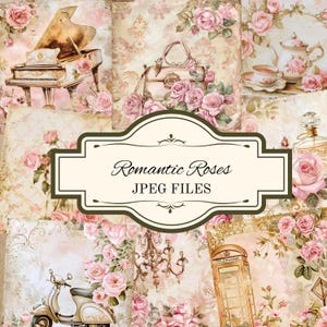 Lot de papier numérique belles roses romantiques, kit de papier de scrapbooking, journal indésirable shabby chic, roses roses, ambiance romantique, créations élégantes