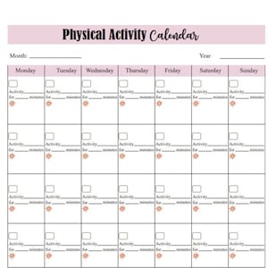 Physical Activity Calendar, exercise calendar, weight loss, training calendar, fitness calendar, workout calendar, exercise plan