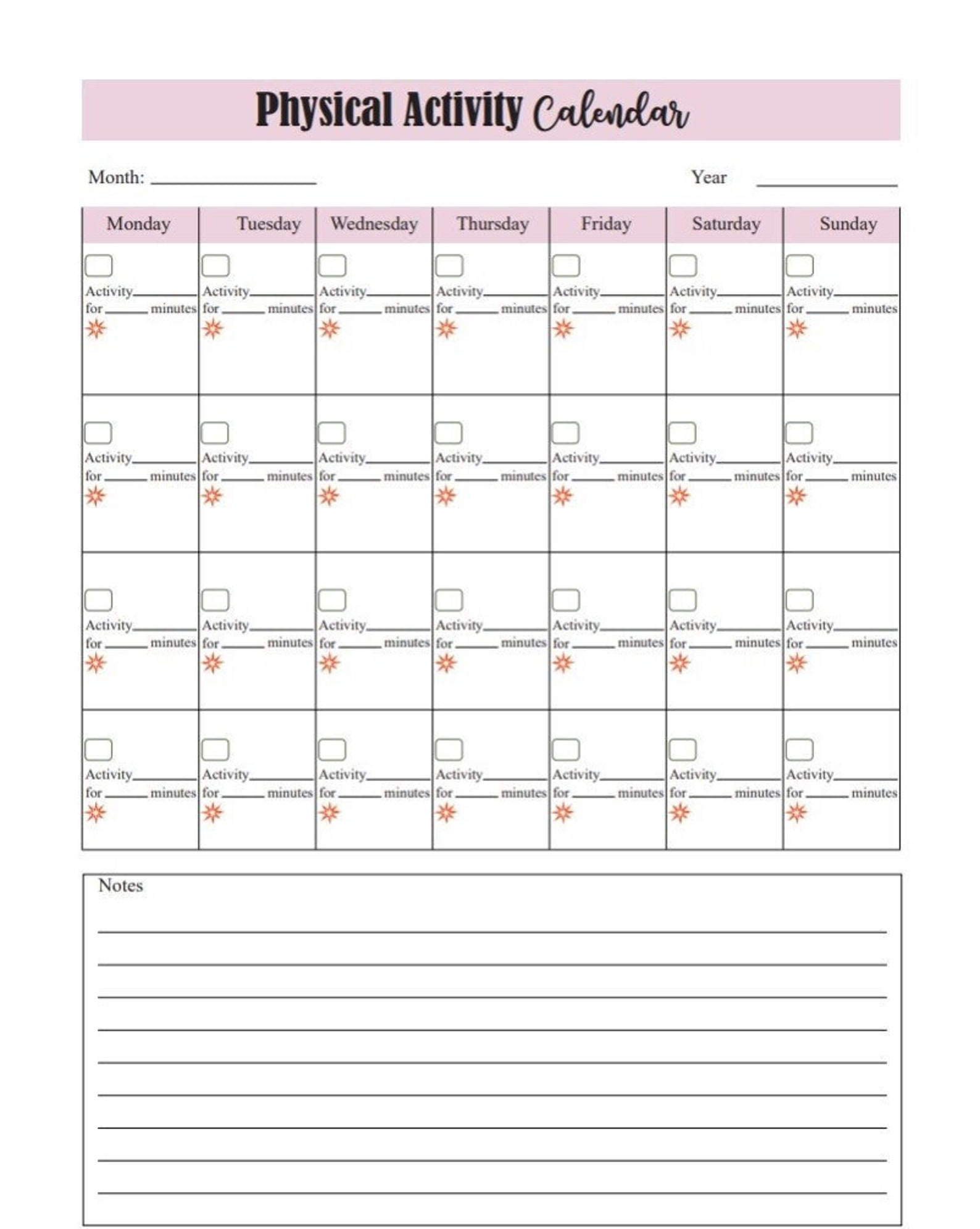 Physical Activity Calendar Exercise Calendar Weight Loss Etsy Canada