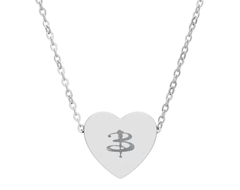 May include: A silver-colored necklace featuring a heart-shaped pendant. The pendant has a stylized letter "B" engraved on it. The necklace chain is delicate and links together. The pendant is approximately 1 inch wide.