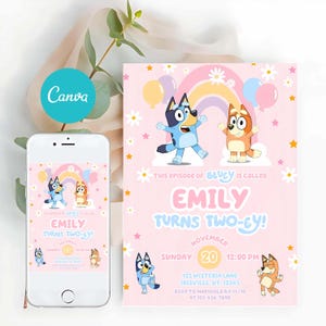 May include: A pink birthday invitation featuring Bluey and Bingo characters, a rainbow, balloons, and white daisies. The text reads: This episode of Bluey is called Emily turns two-ey! Sunday November 20 at 12:00 PM, 123 Wisteria Lane, Irisville, UT.