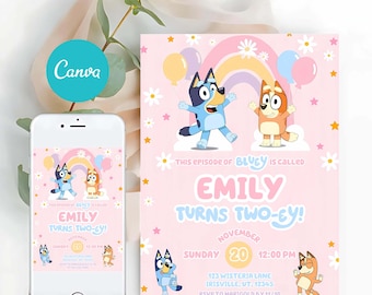 Bluey Theme Birthday Invitation, Pink Rainbow Two-ey Party Printable (Editable)
