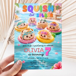 Redigerbar Squish and Splash Pool Party-inbjudan, söt Dim Sum Kawaii-födelsedagsinbjudan, mall för födelsedagspoolparty (digital nedladdning)