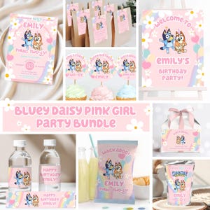 May include: A Bluey-themed party bundle featuring pink stationery, cupcake toppers, water bottle labels, and snack bags. The items display illustrations of Bluey and Bingo, white daisies, rainbows, and the text "Emily turns two-ey" and "Wackadoo".