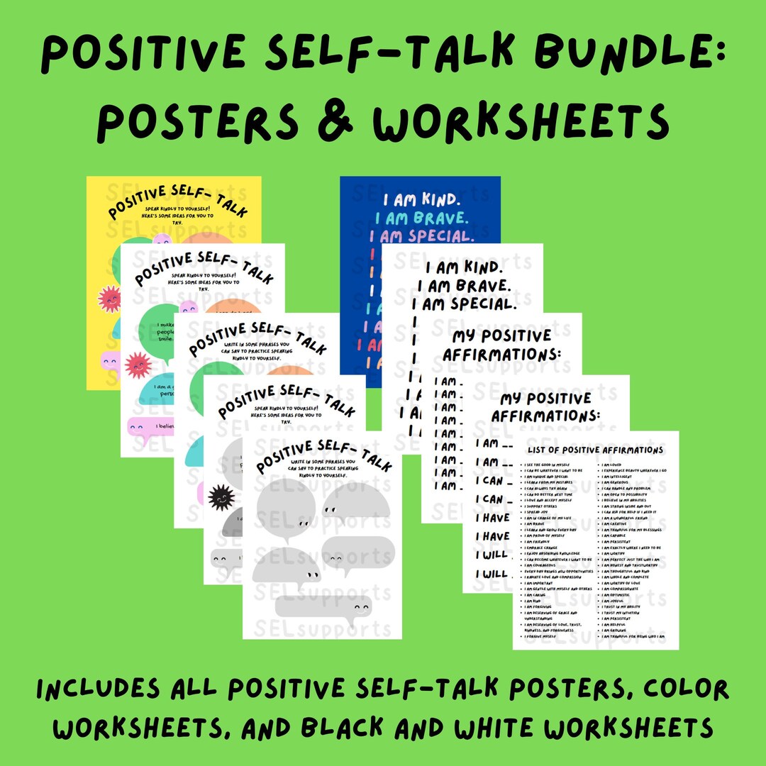 Positive Self Talk Therapy Poster & Worksheet Bundle 8.5x11 Etsy