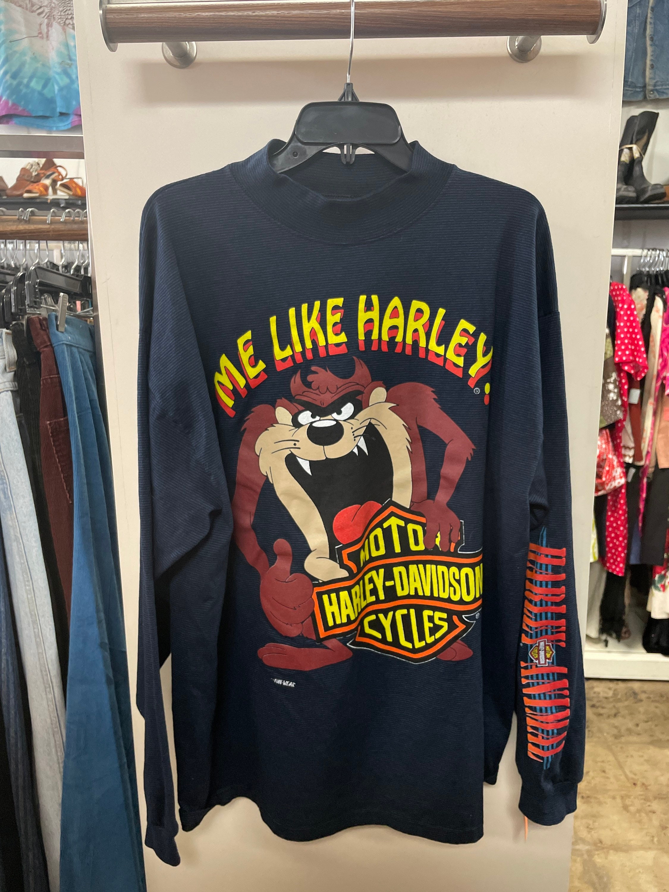 90s Tasmanian Devil Harley Davidson Long Sleeve Blue Striped