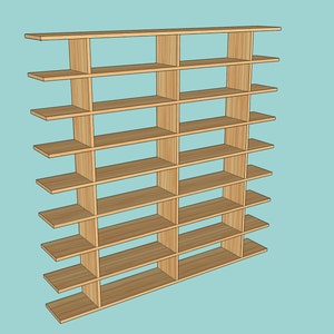 May include: A wooden bookshelf with multiple shelves, offering ample storage space for books, decorative items, or other belongings.