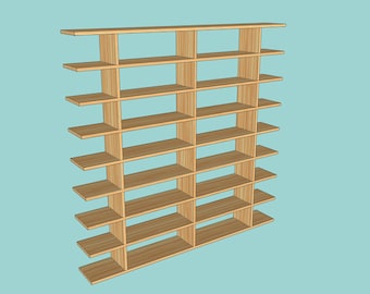 May include: A wooden bookshelf with multiple shelves, offering ample storage space for books, decorative items, or other belongings.