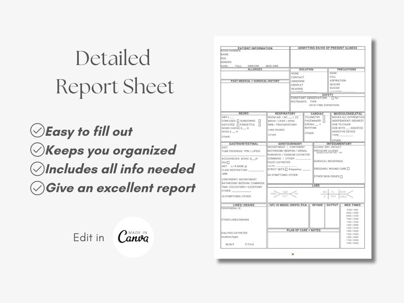 Nursing Report Sheet, Med Surg, Telemetry, Nurse Report Sheet for