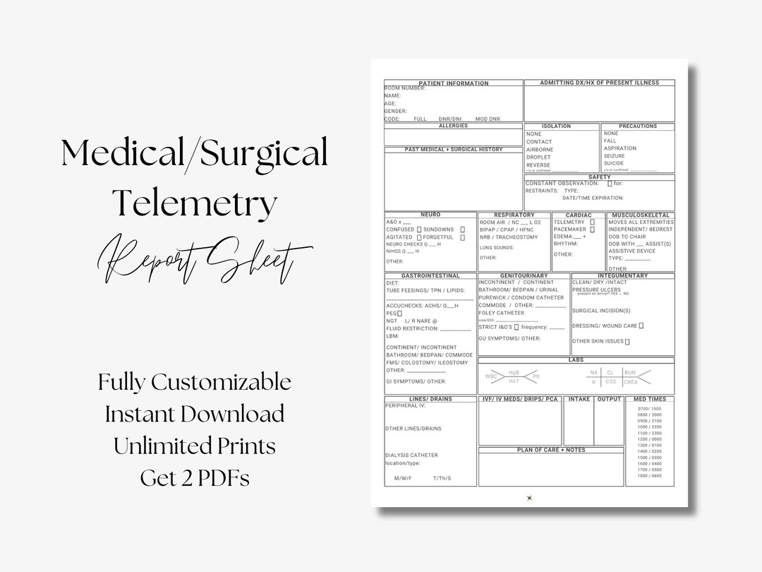 Nursing Report Sheet, Med Surg, Telemetry, Nurse Report Sheet for