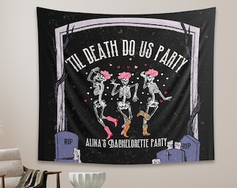 PERSONALIZED Skeleton Bach Tapestry, Retro Halloween Bachelorette Party Banner, Spooky Bride Wedding Shower Tapestry, Skull Bach party Decor