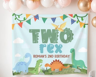 Anpassad födelsedagsbanderoll med 2 rex, dinosauriedekoration för 2-årsdag, födelsedagsbanderoll med 2 rex, Jurassic Trex-bakgrund, välkomstskylt för pojkedinosaurie
