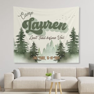 Gepersonaliseerde kamp vrijgezellenfeest vlag, aangepaste kamp vrijgezellenbanner, Mountain Camp Bach-feestbord, camping vrijgezellentapijt