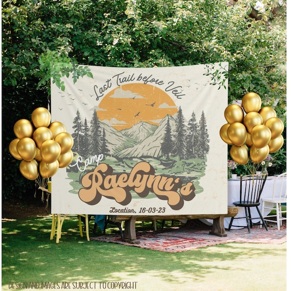 Personalized Camp Bachelorette Flag Party, Custom Camp Bachelorette Banner, Mountain Camp Bach party Sign, Camping Bachelorette Tapestry