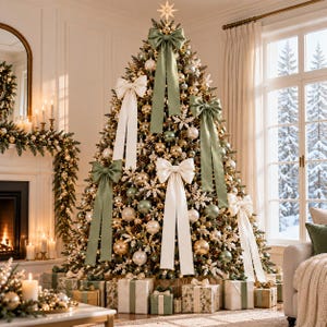 Puede incluir: Un árbol de Navidad alto decorado con lazos de tela en color verde salvia y crema, adornos dorados y verdes, y detalles de copos de nieve blancos. Una estrella corona la punta y hay cajas de regalo envueltas a juego en la base.