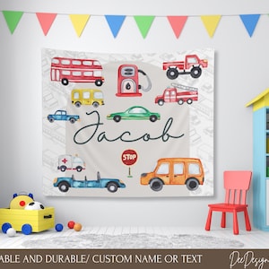 Letrero con nombre de transporte para decoración de pared de guardería, letrero de pared para guardería de niño con coche, tapiz para dormitorio de niño, tapiz para colgar en la pared de habitación de niño, letrero con nombre para cuna