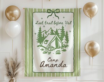 Gepersonaliseerde kamp vrijgezellenfeest vlag, aangepaste kamp vrijgezellenbanner, Mountain Camp Bach-feestbord, camping vrijgezellentapijt
