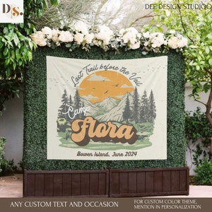 Personalized Camp Bachelorette Flag Party, Custom Camp Bachelorette Banner, Mountain Camp Bach party Sign, Camping Bachelorette Tapestry