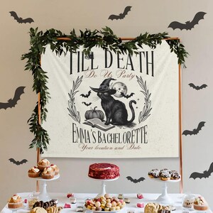 Gothic Bach Weekend Sign tapestry, Personalized Skeleton Bridal Shower Backdrop, Goth Bachelorette Party supplies, Witch Bach Wall Hanging