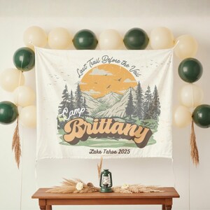 Custom Camp Bachelorette Party Banner sign, Girls Weekend Photo Decoration, Cabin Bachelor wall banner decor, Forest Bridal Shower Tapestry