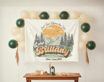Custom Camp Bachelorette Party Banner sign, Girls Weekend Photo Decoration, Cabin Bachelor wall banner decor, Forest Bridal Shower Tapestry