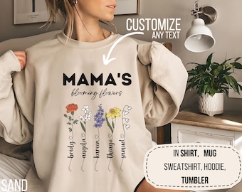 Sudadera personalizada con flores de nacimiento para mamá, camiseta personalizada para nueva mamá, regalo para mamá con plantas de jardín, atuendo de maternidad, camiseta de mamá con flores botánicas