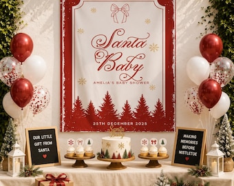 Panneau de toile de fond de baby shower de Noël, bannière neutre de baby shower de bébé de Santa, signe de bienvenue de douche de vacances, signe de bébé de Noël personnalisé décor