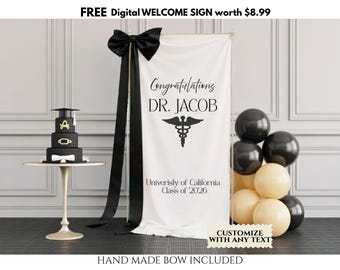Personalized Doctor graduation banner, Custom doctorate grad party decor, Doctor grad party sign, Medical graduation backdrop, White coat