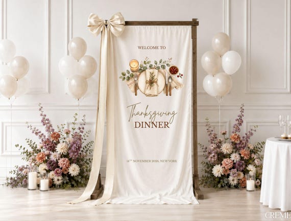 Thanksgiving Dinner Banner, Friendsgiving Fabric Welcome Sign, Fall Thanksgiving Table Backdrop Decor Custom Personalized Thanksgiving Party