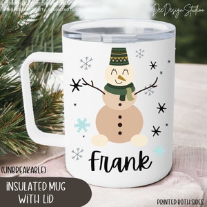 Snowman Hot Cocoa Mug with Lid Personalized, Christmas Eve Box Fillers, Children&#39;s Camping Birthday Party enamel mug, Hot Chocolate Mug gift