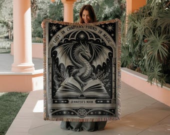 Dragon Bookish Woven Blanket, Literary gifts for her, Magical reading decor, Dark academia quilt, Dark fantasy throw, In my reading era gift