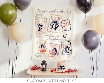30th Feral Raccoon Adult Birthday Stamp Banner, Custom Milestone Birthday Party Decor Sign, Funny Trash Panda Party Celebration Backdrop