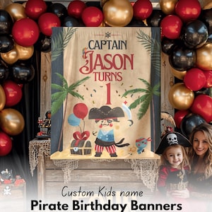 Bannière premier anniversaire Ahoy pirate, signe nautique bébé anniversaire, toile de fond chasse au trésor 1er anniversaire, drapeau fête bateau pirate, anniversaire garçon thème pirate