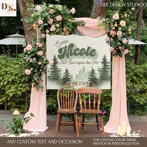 Personalized Camping Bachelorette Banner, Girls Weekend Photo Decoration, Mountain bachelor Location flag, Hiking Lover Bride&#39;s Bach Party