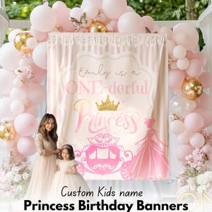 Pancarta decorativa para el primer cumpleaños de princesa, letrero para fiesta de primer cumpleaños, decoración de fondo con nombre de niña con temática de castillo, bandera para silla alta rosa real