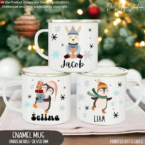 Hot Chocolate X Mas Enamel Mug with Lid Personalized, Toddler Hot Cocoa Christmas Mug, Kids Christmas Party Favors, woodland animal Camp mug