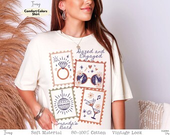 デイズド・アンド・エンゲージドのバチェロレッテTシャツ、レトロディスコのコンフォートカラーシャツ、70年代ボヘミアンブライダルTシャツ、グルーヴィーなブライダルシャワートップス、婚約パーティーギフト