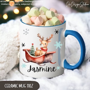 Baby Reindeer Christmas Kid&#39;s Hot Chocolate Mug Custom, Children&#39;s Xmas Milk Mug, Cocoa Mug for Toddler, Kids Named Coffee Mug with Handle