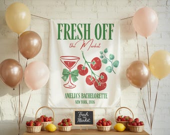 Fresh off the market bachelorette banner, Market bridal shower photo backdrop sign, She's Off Market Wedding Shower welcome sign tapestry