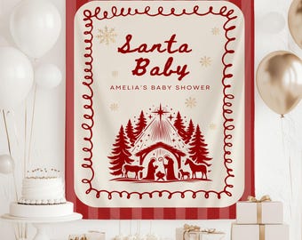 May include: A festive banner with a red and white checked border and a cream-coloured centre. The banner features the text "Santa Baby" in red script, along with a nativity scene illustration. The text "AMELIA'S BABY SHOWER" is also included.