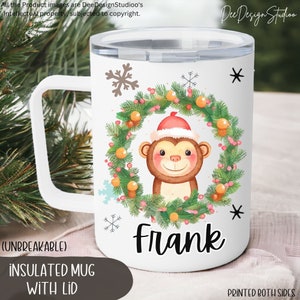 Monkey Hot Chocolate Kids Name Enamel Mug with Lid Personalized for Girls Boys, Toddler Shatterproof Mugs, Children&#39;s Christmas Party Favor