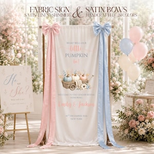 Banner met decoraties voor een genderonthulling met een pompoenthema, roze of blauwe welkomstbord voor 'Hij of zij', achtergrond voor een babyonthulling in een pompoenveld, zwangerschap in de herfst