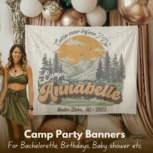 Banner personalizzato per festa di addio al nubilato in campeggio, decorazione fotografica per il weekend delle ragazze, decorazione da parete per banner per addio al nubilato in cabina, arazzo per addio al nubilato nella foresta