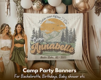 Benutzerdefinierte Lager Junggesellinnenparty Banner Zeichen, Mädchen Wochenende Fotodekoration, Hütte Bachelor Wand Banner Dekor, Wald Brautdusche Wanddeko