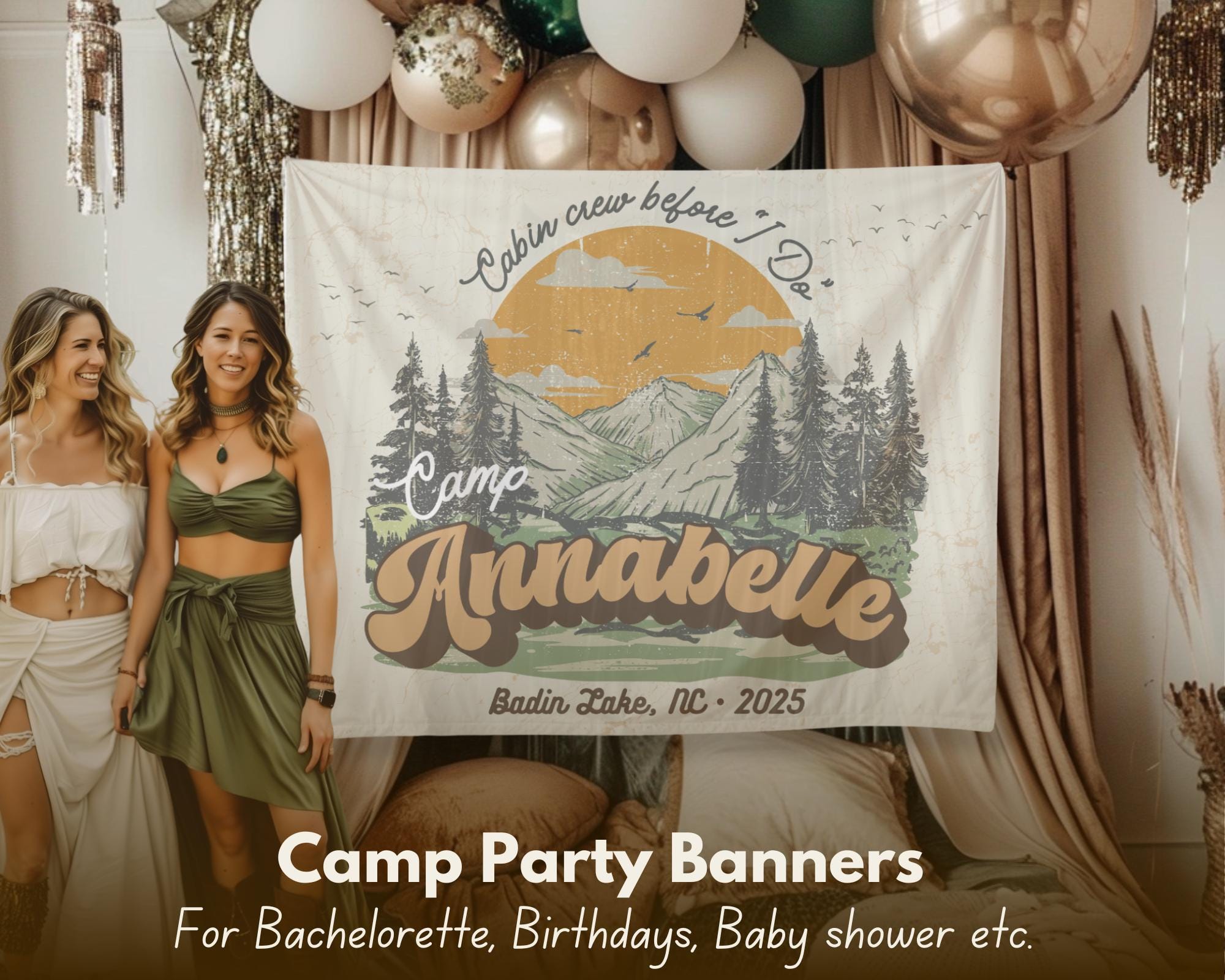 Custom Camp Bachelorette Party Banner sign, Girls Weekend Photo Decoration, Cabin Bachelor wall banner decor, Forest Bridal Shower Tapestry