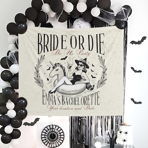 Custom Halloween Bridal Shower Backdrop, Bride or Die Hen Party Banner, Skeleton Bach Tapestry, Witch Coven Decor, Halloween bach photobooth
