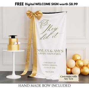 May include: A graduation party scene with a gold-frosted cake, a white banner with text, and gold balloons. The banner reads "They did it" and includes details for a graduation party. The cake has a mortarboard topper and a diploma.
