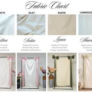 May include: A fabric chart displaying four material types: Matte Cotton, Silky Satin, Rustic Linen, and Luminous Shimmer. Each section includes a close-up fabric swatch, descriptive text, and a photo of the fabric draped on a black metal stand.